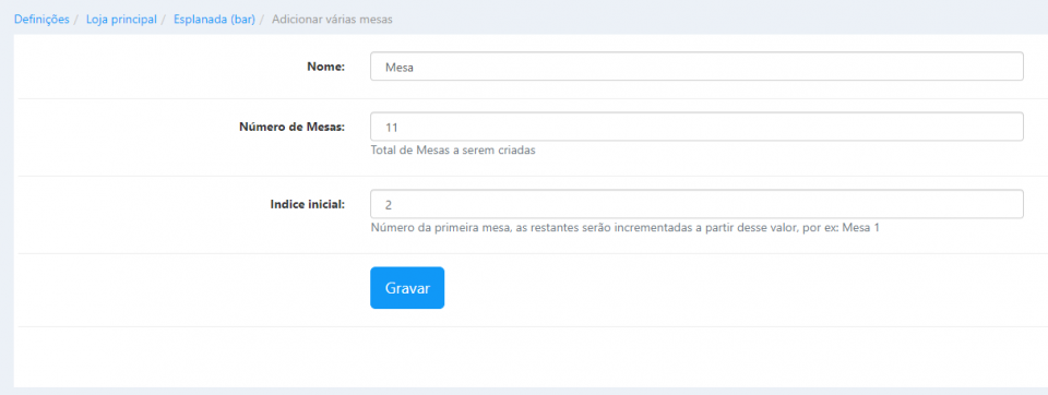 Adicionar Várias mesas
