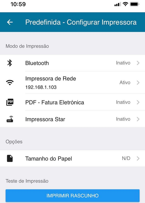 App - configurar impressora e imprimir rascunho