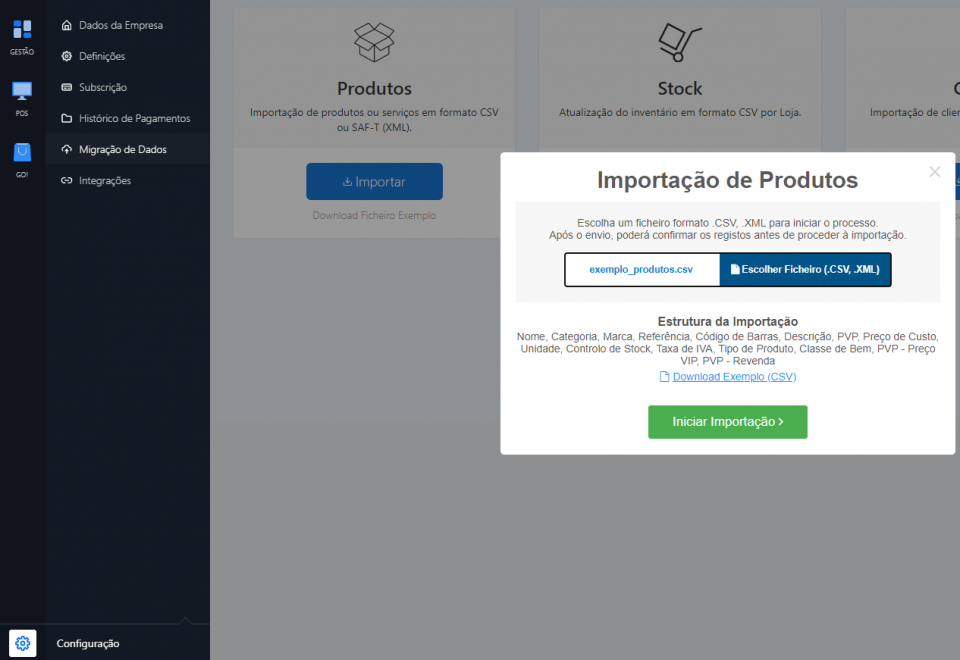 Importação de Ficheiro CSV ou XML
