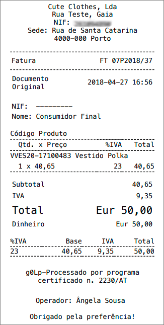 Fatura modelo Recibo (Preços sem IVA)