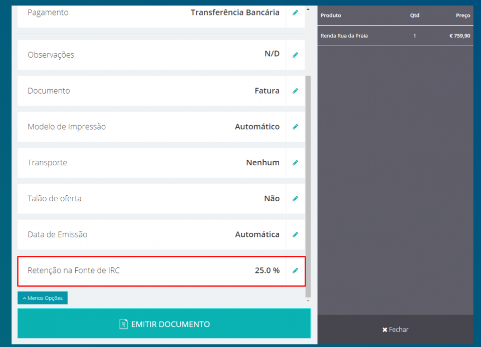 Aplicar Retenção na Fonte (IRC)