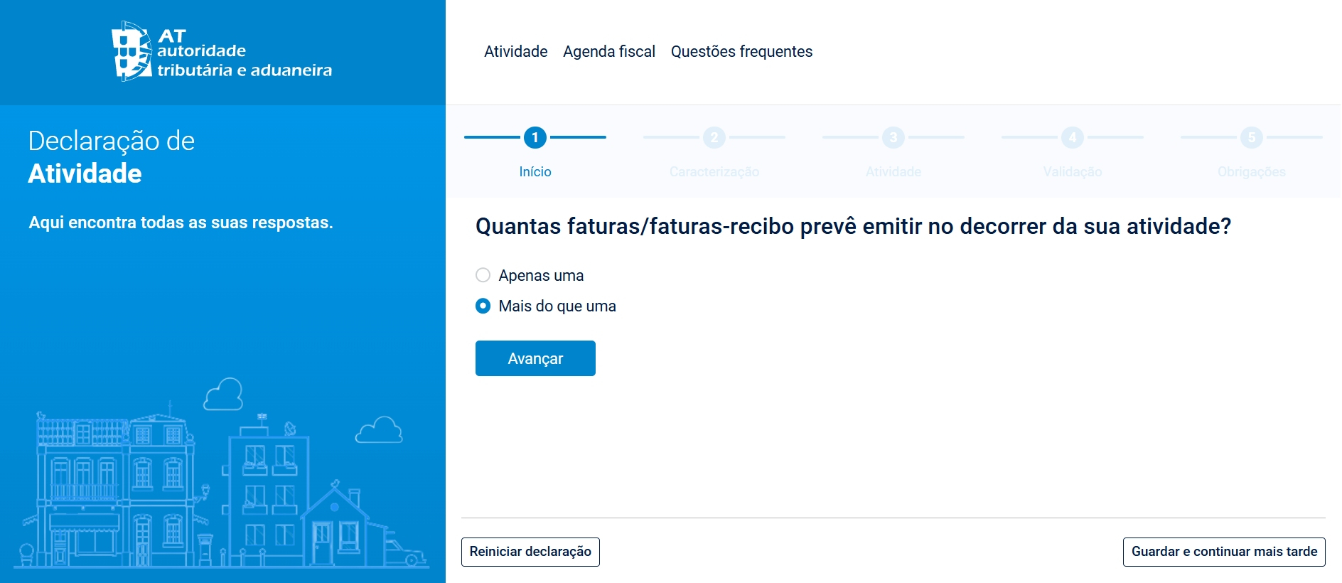 Número de faturas a emitir - Declaração Ínicio de Atividade