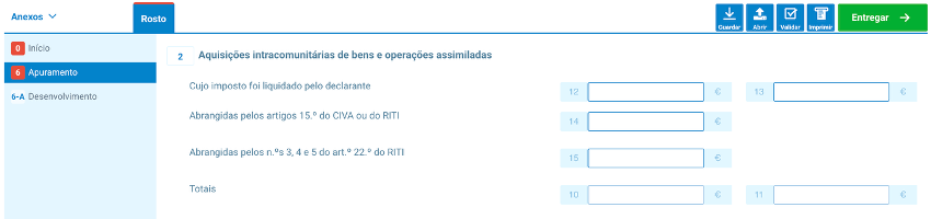 campos relativoas às aquisições intracomunitárias de bens e operações do quadro 6 da declaração periódica de IVA