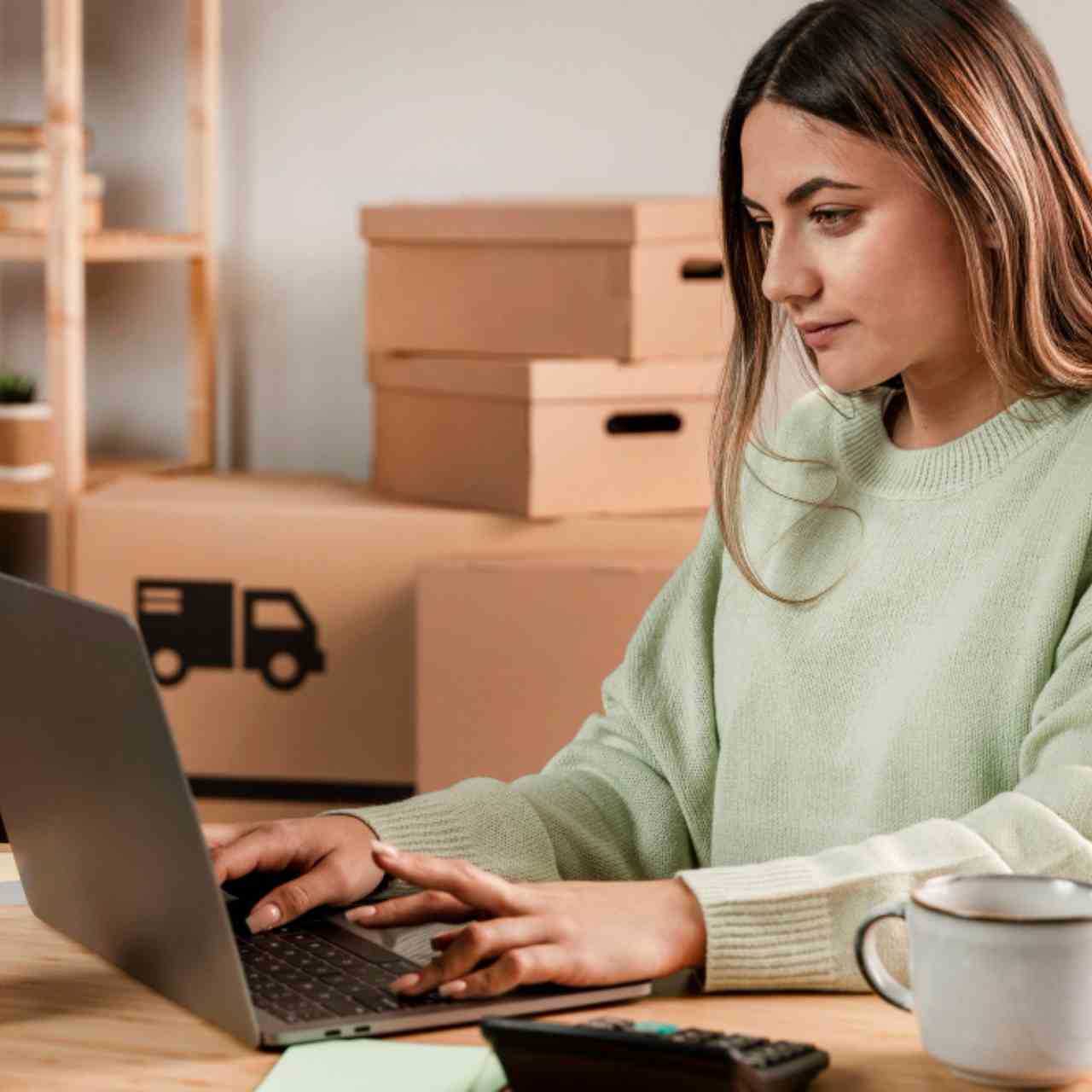 Veja como aumentar as vendas de fim de ano. Mulher no computador com encomendas à sua volta